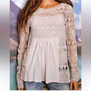 Sundance Nostalgic Nuance Gem Top Ivory Cream Crochet Lace Boho Tee Sz L